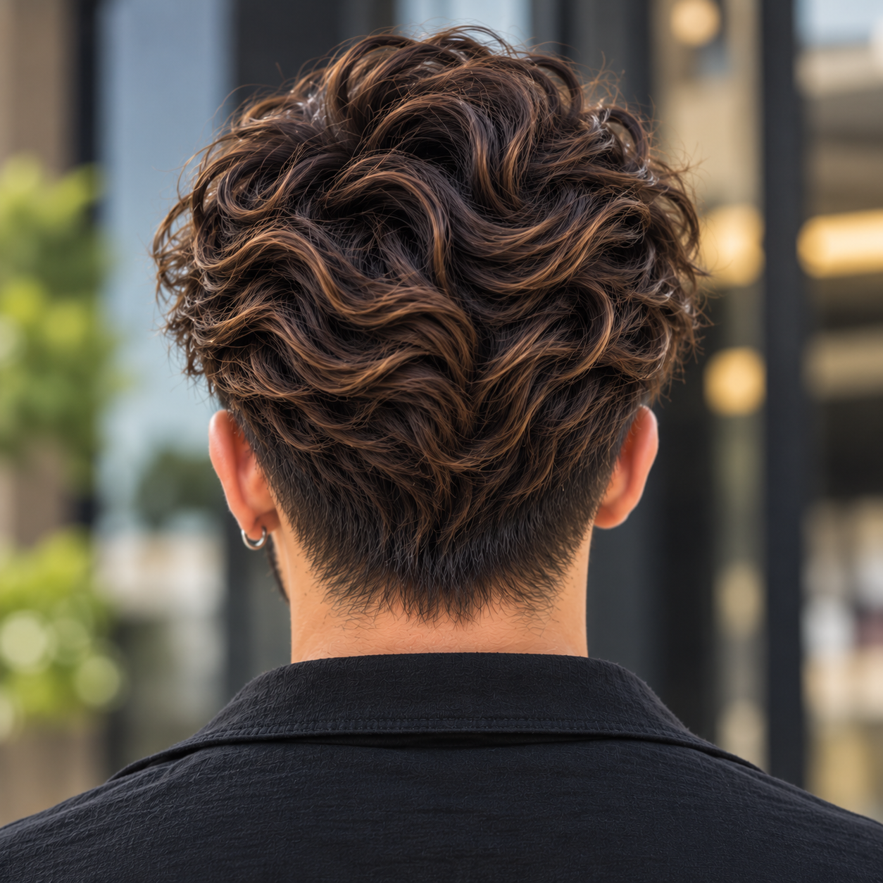 Medium Waves hairstyle, back view with tapered nape