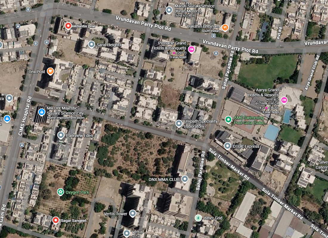 Map showing Atlantis One, Sola, Ahmedabad, near Sagar Sangeet