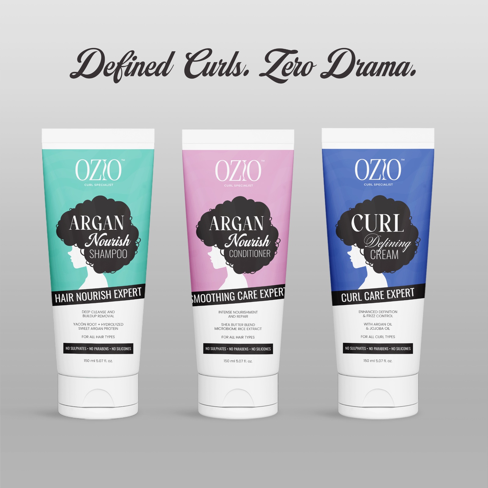 OZIO three-piece combo: Argan Shampoo, Argan Conditioner and Curl Defining Cream